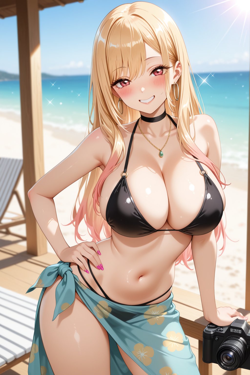 Anime woman in a honeymoon beach house setting
