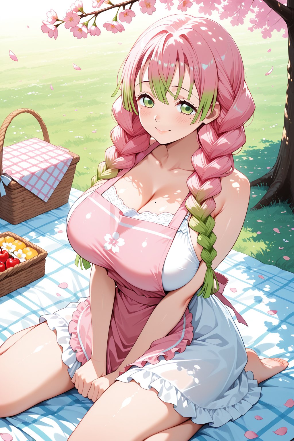 Pink-haired anime woman at a cherry blossom picnic